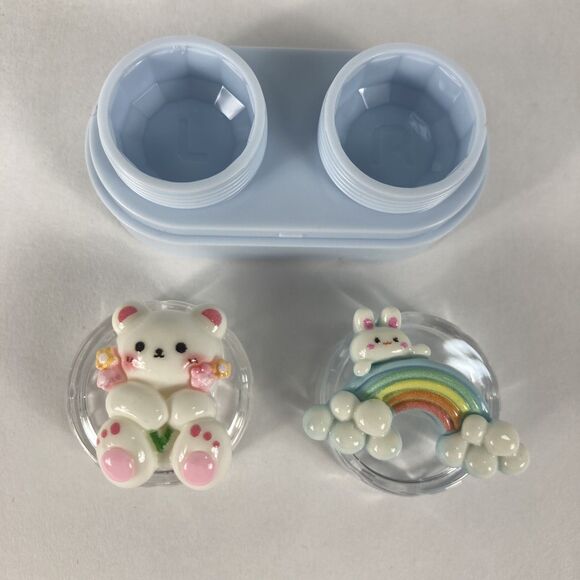 Portable Contact Lens Case Compact Size Home Travel Bear Bunny Rainbow Cute Kids - Picture 2 of 3
